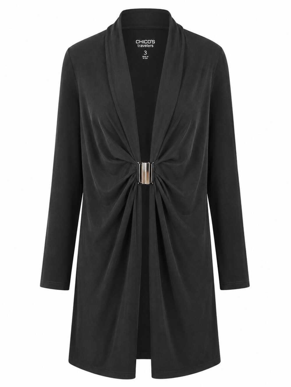 CHICO'S TRAVELERS | Minimalist Capsule Black Drape Jacket Silver Clasp | XL 16